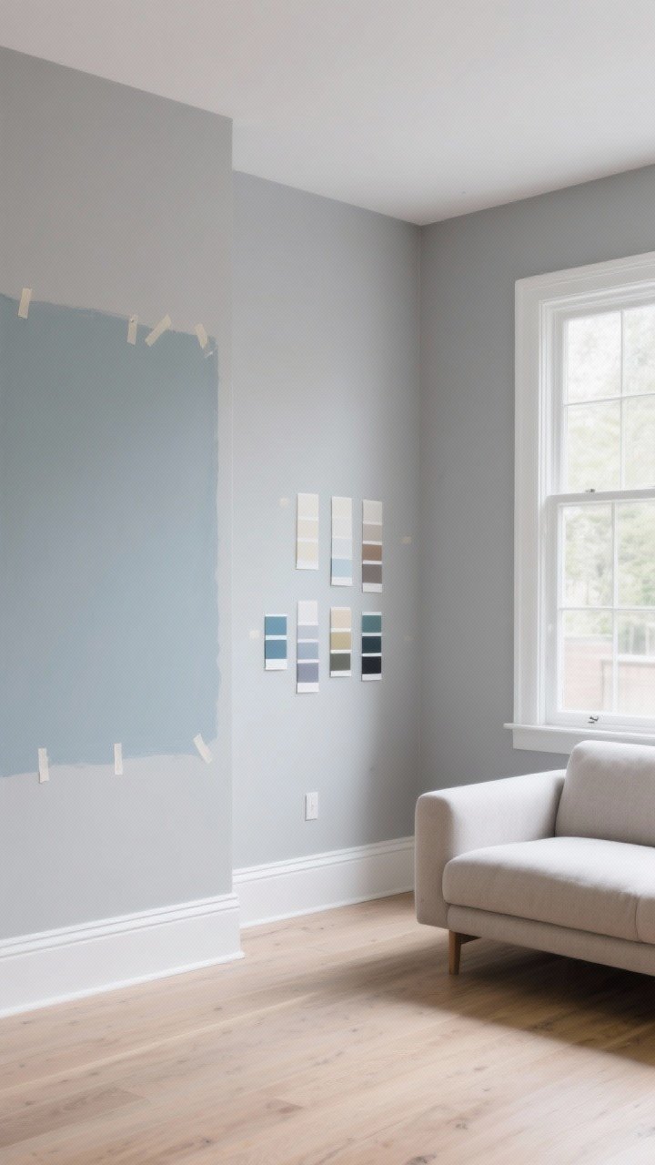 Wide shot: A living room with soft grey matte walls as a calm backdrop, daylight streaming in from a large window. Include a pale greige on two walls and a misty blue-grey on the others to show subtle variation. Minimal furniture in neutral tones to let the grey “canvas” shine, with white trim, light wood flooring, and paint swatches taped in multiple daylight spots on the wall. Mood: airy, modern, elegant.