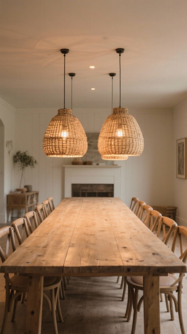 Wide shot: A long farmhouse dining table under oversized lighting—a pair of large basket pendants in natural rattan hung 32 inches above the tabletop; dimmable warm lighting (2700–3000K) creating a cozy glow; neutral room with simple decor and the pendants balanced proportionally to the table width; straight-on view highlighting scale and symmetry.