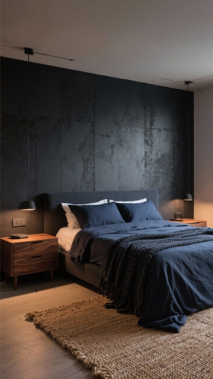 Wide shot: A men’s bedroom with a bold masculine color palette—charcoal accent wall behind the bed, navy bedding with a textured dark throw, warm walnut nightstands, and a natural jute rug. Soft, warm evening light grazes the wall, emphasizing rich tones and a calm, grounded vibe.