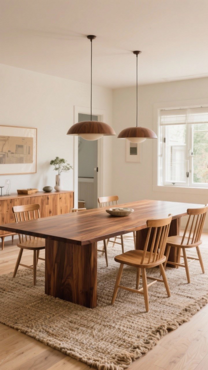 Wide shot: A mid-century modern dining room showcasing layered wood tones—walnut dining table as the hero, paired with lighter oak spindle-back chairs and a teak credenza; neutral wool or jute rug grounding the space; balanced mix of finishes to avoid matchy-matchy; warm, soft natural daylight, photorealistic, no people.