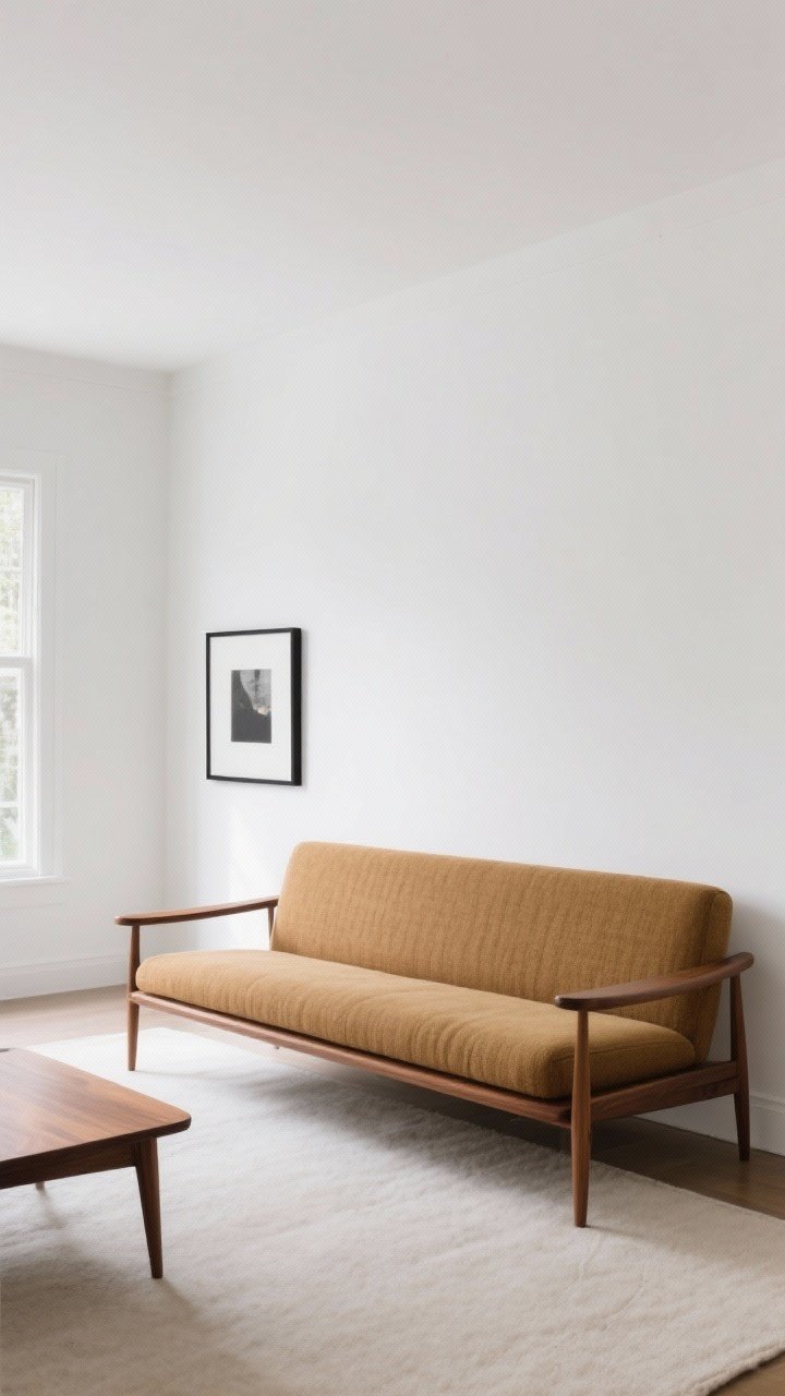 Wide shot: A Mid Century Modern living room centered on a streamlined, tight-back sofa with slim track arms, bench seat cushion, and visible tapered wood legs, upholstered in camel-colored textured fabric. Low-profile silhouette, lifted off the floor for an airy feel, against soft white walls. Walnut side table and a simple black-framed art piece nearby. Natural daylight, clean lines, minimal styling.