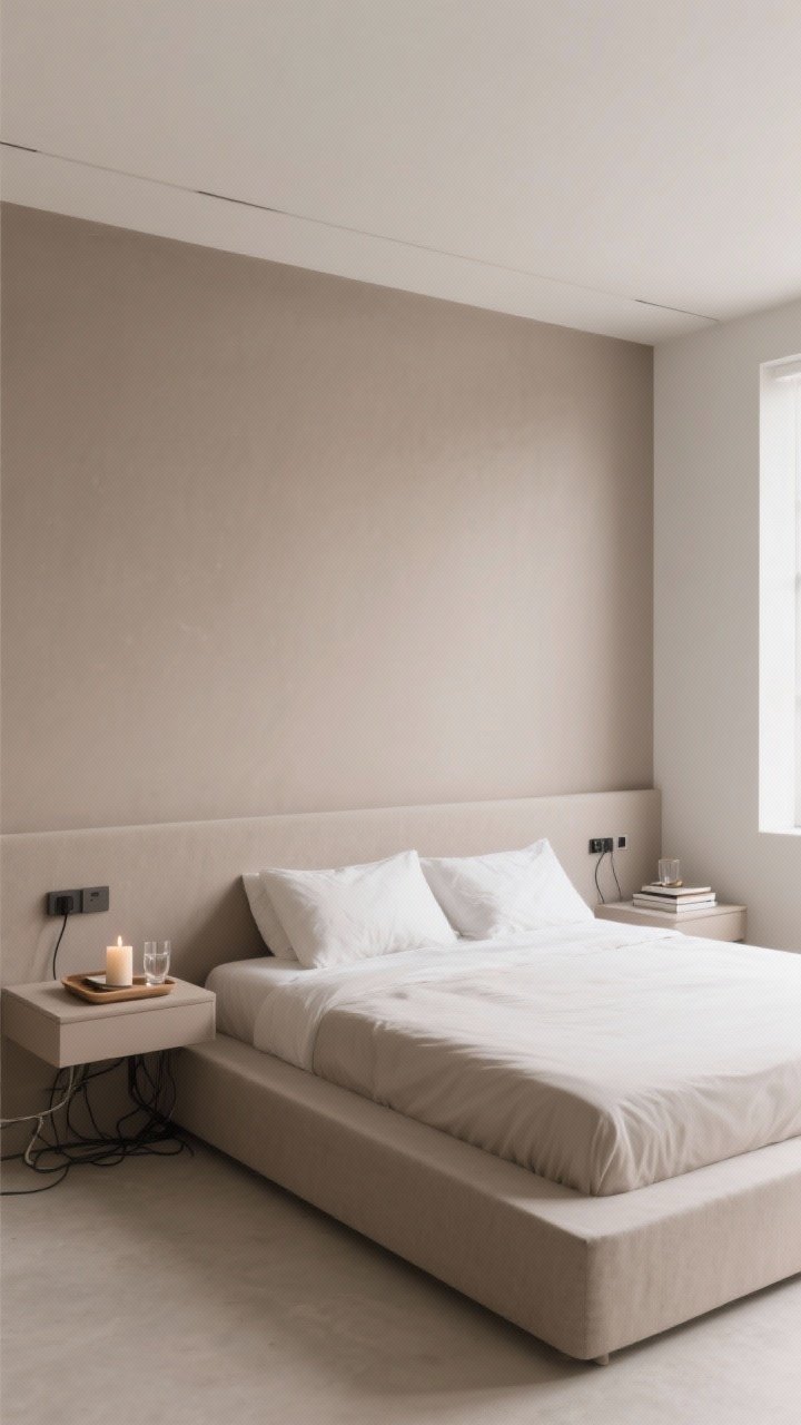 Wide shot: A minimalist bedroom stripped to essentials with bare taupe walls, a simple platform bed, and two uncluttered nightstands each holding only a small tray with a book, a single candle, and glasses; all visible cables hidden, tech neatly tucked away, and surfaces edited to 2–3 items max; daylight softly filling the room, calm and airy mood, photorealistic.