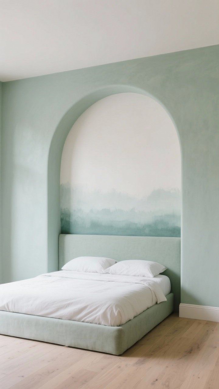 Wide shot: A minimalist bedroom with a painted architectural headboard—tall soft arch in a tone-on-tone scheme, dusty sage arch against paler sage walls—framing the bed. Crisp edges from careful taping, a watercolor-style ombré mural subtly fading within the arch. Even natural light, pale oak floors, simple bedding to let the painted shape shine.