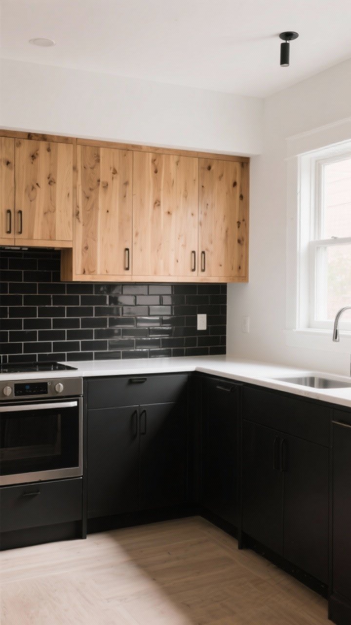 Wide shot: A modern kitchen with matte black lower cabinets and natural light oak upper cabinets, a simple black backsplash in satin-finish subway tile, and warm white walls that make the oak glow; clean-lined hardware, no gloss, soft morning natural light from a side window, photorealistic, no people.
