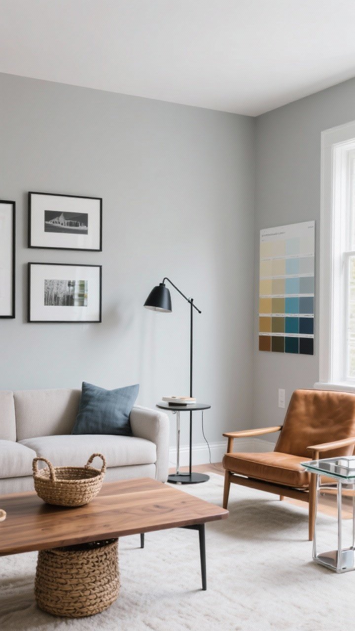 Wide shot: A modern living room painted in soft greige walls (similar to Benjamin Moore Revere Pewter or Sherwin-Williams Agreeable Gray), balanced natural daylight without blue or yellow cast; black accents in thin metal picture frames and a matte black table lamp; mixed furniture styles (Scandi oak coffee table, mid-century sofa, farmhouse woven basket); tan leather armchair, chrome-and-glass side table; large test swatches visible on adjacent walls; photorealistic, straight-on view.