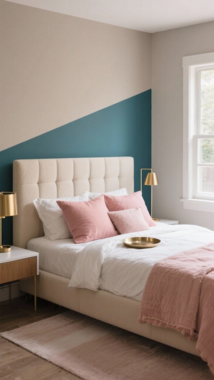 Wide shot: A modern teen bedroom built around a grown-up color story—walls in warm greige with a deep teal half-wall color blocking behind the bed, large calm pieces in cream and mushroom tones, and accents in dusty rose and brass; include a neutral upholstered headboard, brass bedside lamp, and a few easily swappable accents like dusty rose pillows and a small metallic tray; soft natural daylight from a window, no people, photorealistic.