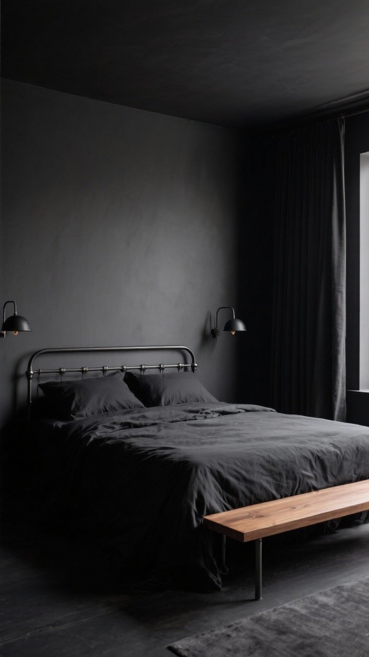 Wide shot: A monochrome bedroom in tonal blacks—graphite bed frame, charcoal wall, ink-colored curtains, and soft black bedding—styled with a single metal choice: blackened steel sconces and curtain rod; a warm wood bench at the foot of the bed as the lone high-contrast pop; controlled, diffuse lighting to emphasize layered near-black tones; clean and intentional.