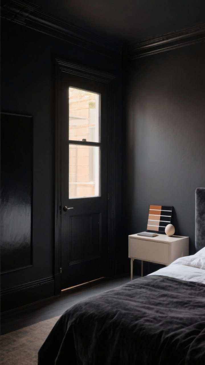 Wide shot: A moody bedroom with ultra-dark charcoal matte walls and matching black-painted trim and doors, creating blurred edges that make the space feel larger; a single statement wall opposite a window, soft warm daylight grazing the velvety finish; include sample swatches on the nightstand showing warm black vs cool black, and a subtle eggshell-finish black door reflecting a hint of light for contrast; no people, photorealistic.