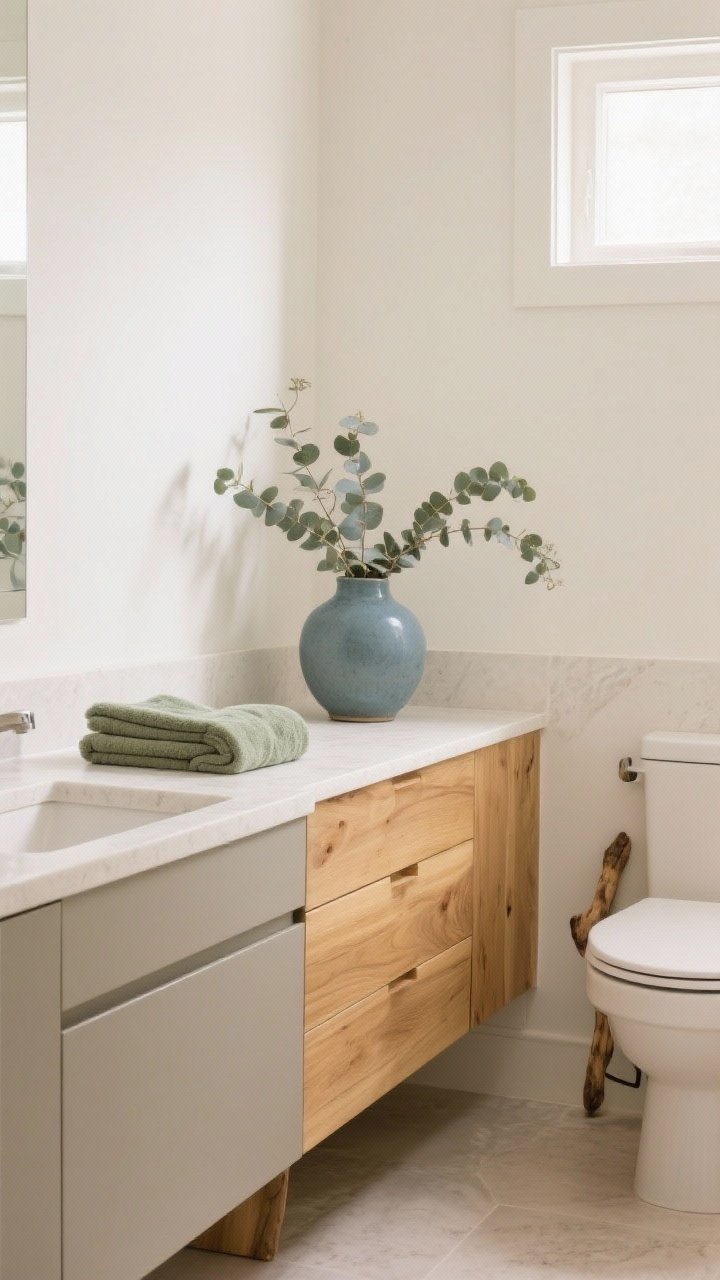Wide shot: A serene bathroom in warm neutrals—soft white walls, mushroom greige vanity, wood accents in honey and driftwood tones; sage hand towels and a dusty blue ceramic vase with eucalyptus on the counter. Soft, diffused daylight for a calm, quiet mood.