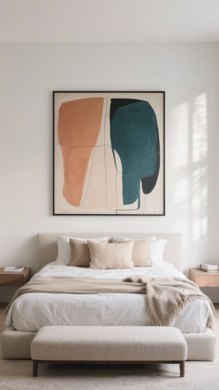 Wide shot: A serene bedroom with a low upholstered bed and a single oversized matte-canvas abstract artwork centered above the headboard, spanning about 60% of its width; the art pulls accent colors—muted terracotta, deep teal, and soft cream—echoed in pillows and a throw. Soft, diffused natural light with no glare, matte black slim frame, clean white walls, uncluttered nightstands.