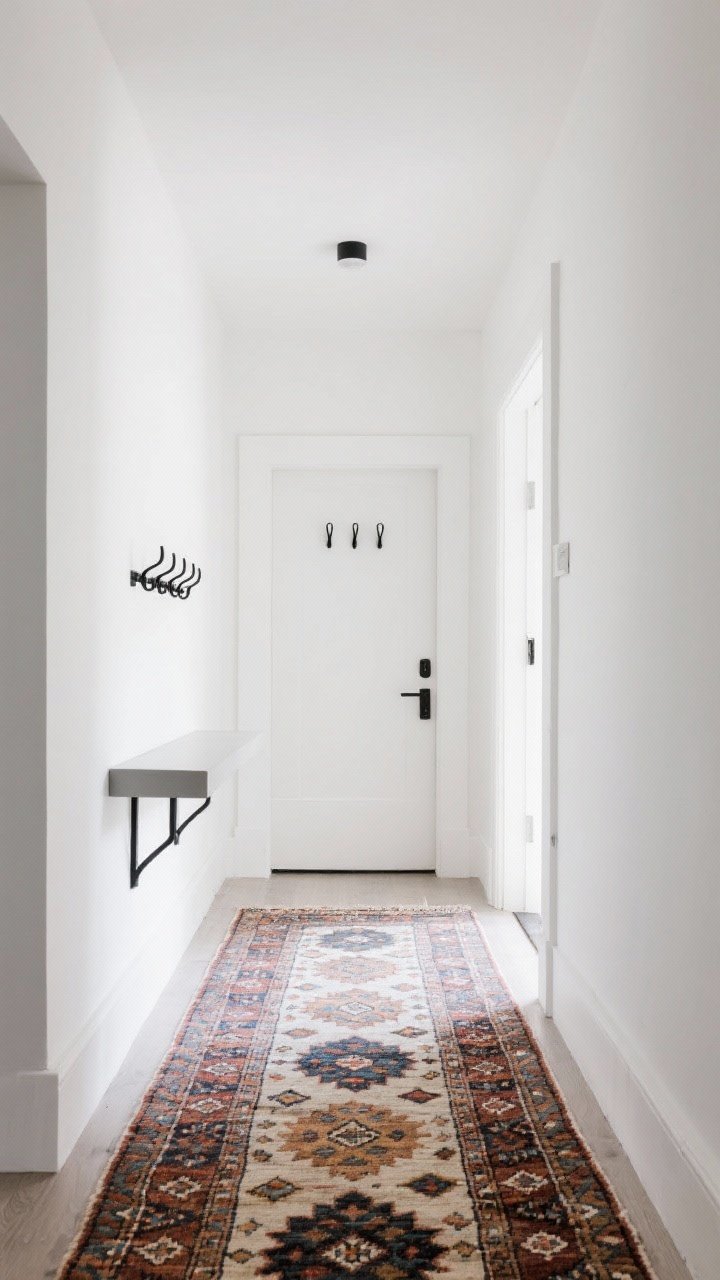 Wide shot: A simple, white-walled entry transformed with a patterned runner—choose a Persian-style or kilim design in a limited palette. Balance the busy rug with clean-lined furniture: a streamlined console and matte black hooks. Include one repeated rug color in a small accessory; soft, natural light avoids visual chaos.