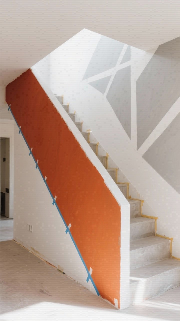 Wide shot: A stair wall with a bold color-blocked section mirroring the stair angle, using a saturated terracotta panel against warm white. Razor-sharp painter’s tape lines visible on an in-progress area. Adjacent neutral geometric mural in soft gray tones ties to nearby rooms. Clean steps, daylight highlighting edges, photorealistic.