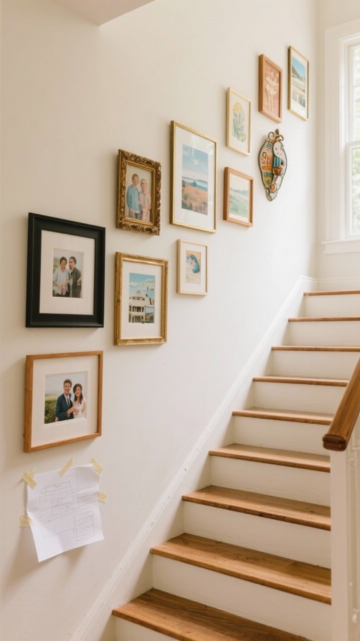 Wide shot: A stairway gallery wall following the slope of a light, creamy white staircase, frames aligned to the stair angle. Mix of black, brass, and warm wood frames in varied sizes and shapes, featuring family photos, travel prints, art, and a quirky flea-market piece. Paper templates taped on the wall for planning, natural daylight from a side window, clean baseboards, medium-toned oak treads, photorealistic.