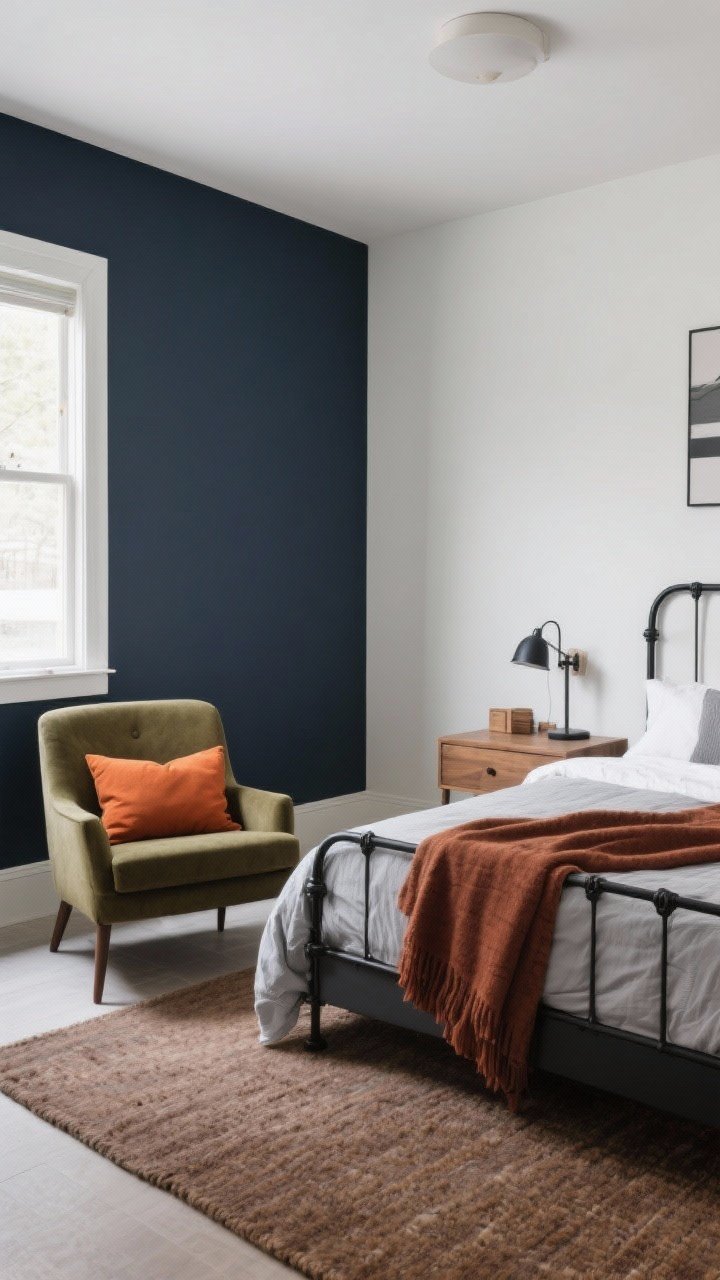 Wide shot: A teen bedroom with an elevated, grown-up color palette—one matte navy accent wall, the other walls in soft off-white, medium-gray bedding, black metal accents, and natural wood furniture. Include an olive upholstered chair, a warm taupe area rug, and a burnt orange pillow with a muted rust throw for a subtle pop. Crisp white bedding accents and clean lines; soft, diffused daylight; moody but not dark.