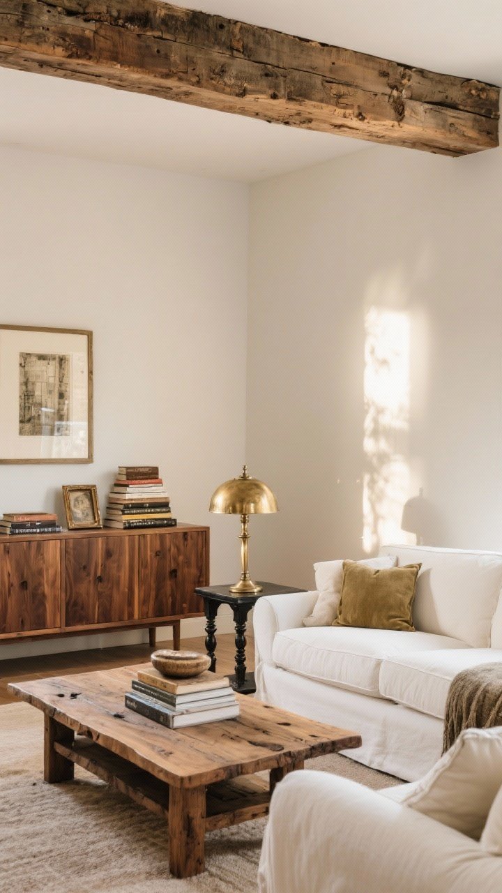 Wide shot: A white-couch living room warmed by mixed materials—walnut credenza, oak coffee table book stack, and aged pine beam detail; soft antique brass table lamp as the leading metal, with black iron side table legs as accents and a touch of polished nickel on a picture frame; late-afternoon warm light enhances the collected-over-time feel.