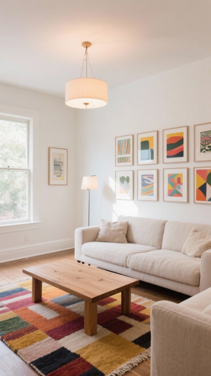 Wide shot: Airy living room in warm white walls (Swiss Coffee/White Dove/Alabaster vibe) that brighten a space with limited natural light; crisper white trim on baseboards for subtle contrast; gallery-style art wall with colorful framed prints and a bold statement rug; soft warm bulbs at 2700–3000K in a ceiling fixture; minimalist oak coffee table and linen sofa; photorealistic, straight-on daylight.