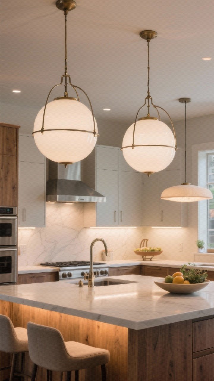 Wide shot: An island-centered kitchen featuring a pair of large opal glass globe pendants with mixed-metal accents overhead, and a saucer pendant visible over a nearby dining nook. Under-cabinet lighting set to warm 2700–3000K glow. Avoid industrial cages; keep the scene sleek with slab cabinets and warm wood, stainless or paneled appliances receding.