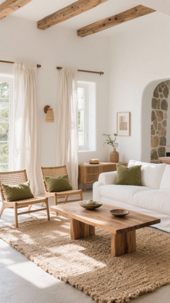 Wide shot blending natural materials: white walls, jute or sisal rug, rattan armchairs with olive pillows, an oak coffee table, and breezy linen curtains; a white sofa anchors the space; warm, sunlit atmosphere showcasing wood, jute, rattan, and stone accents for instant warmth