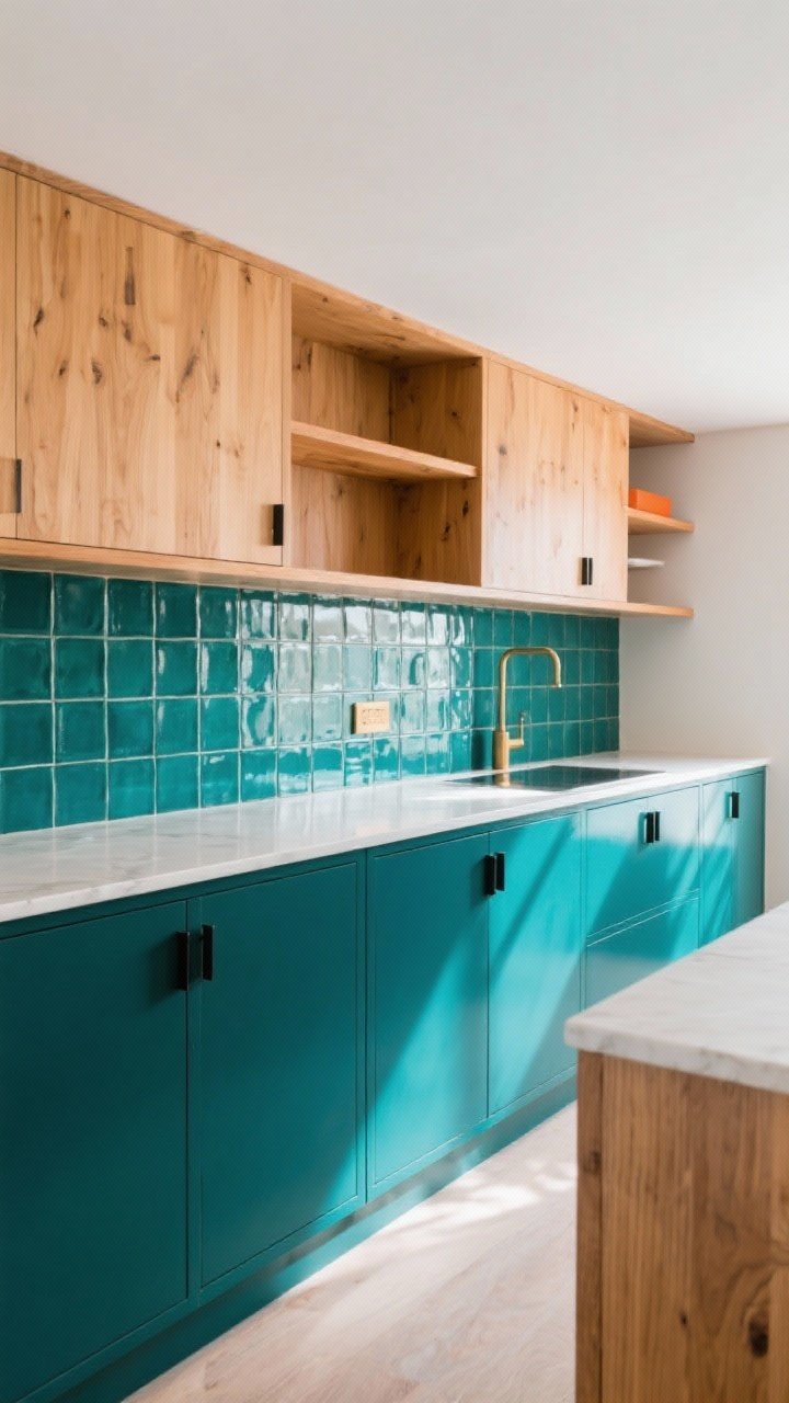 Wide shot: Bold meets breezy—deep teal lower cabinets contrasted with natural light oak uppers or open shelves (kept light, non-orange), zellige or glossy square tile backsplash for dimension, brushed brass or flat black hardware; angled perspective showing color chameleon teal in mixed natural light.