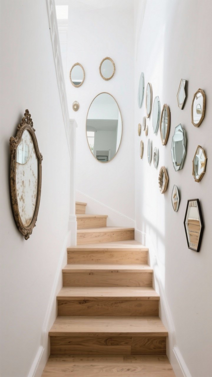Wide shot: Bright stairwell with a gallery of small mirrors in mixed shapes (round, oval, hexagon) arranged playfully, plus one large arched mirror near the landing. Mirrors bounce light across the space; include one antique, slightly foxed mirror for depth. Light oak steps, white walls, crisp reflections, photorealistic.