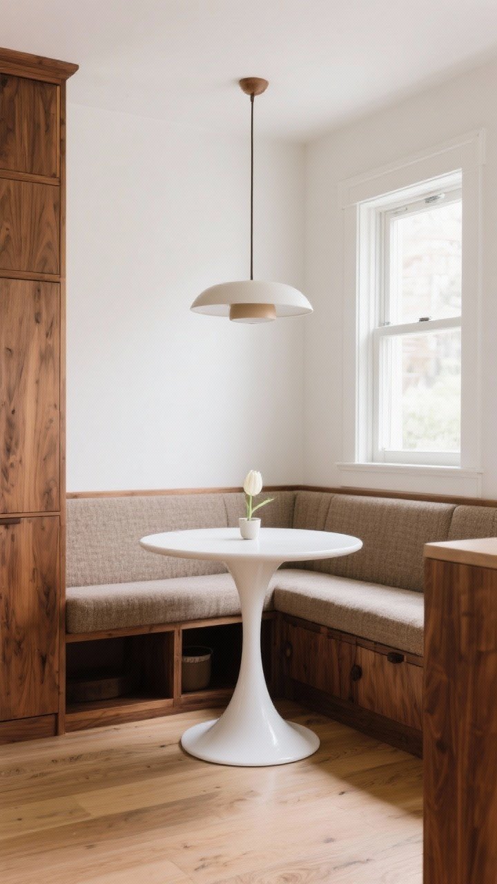 Wide shot: Built-in breakfast nook with walnut bench seating featuring hidden storage, upholstered in durable nubby neutral fabric. A small white tulip table with curved edges sits beneath a saucer pendant. Mid century palette with warm wood, soft white walls, and a compact footprint. Gentle morning light creates cozy charm.