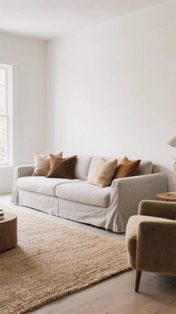 Wide shot centered on a hero neutral sofa: clean-lined, slipcovered linen sofa in soft stone, with throw pillows in varied neutrals—mushroom, oat, camel, espresso—arranged for depth; soft white walls, performance chenille armchair nearby; natural fiber rug and minimal decor; diffuse daylight giving a timeless, inviting feel; no people.