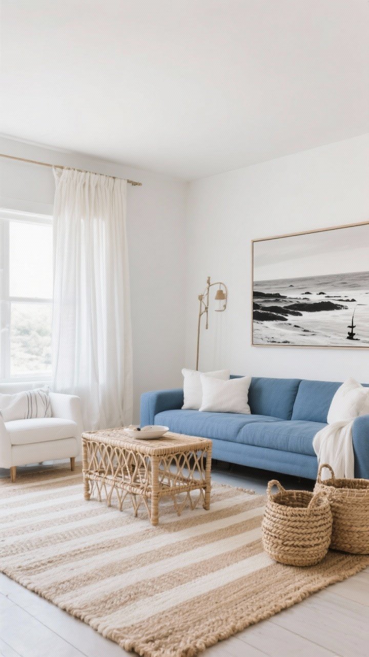Wide shot: Chic coastal living room featuring a blue couch with airy whites, natural jute rug, pale striped flatweave layered beneath a rattan side table, woven baskets, and linen curtains; art is an abstract seascape and a black-and-white coastal photograph—no nautical clichés; fresh, breezy feel, photorealistic.