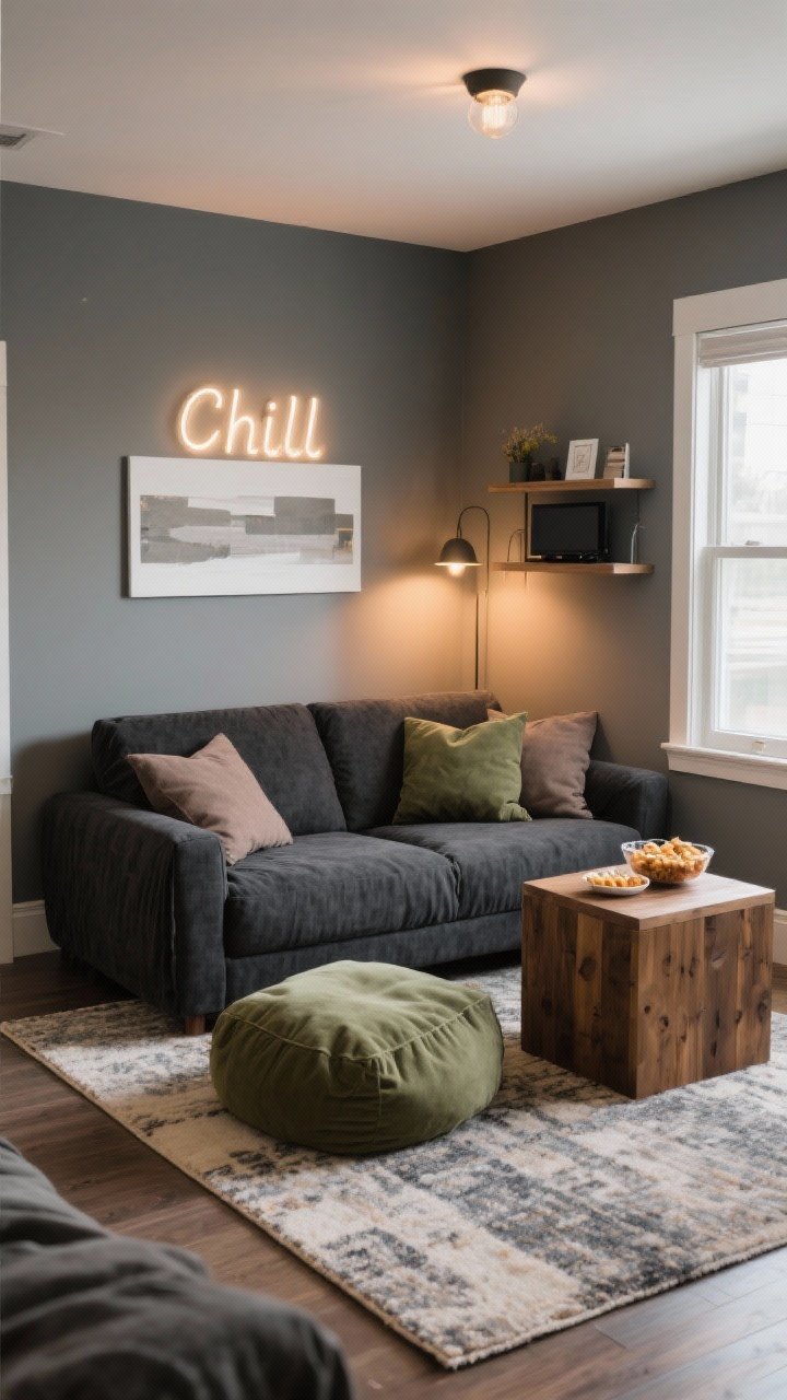 Wide shot: Chill hang zone carved out in a teen room—compact charcoal loveseat with two oversized floor cushions in olive and taupe, a sturdy wood side table holding snacks, and a 5x7 rug defining the lounge area. Include a washable slipcover look, subtle texture on fabrics, and a small media shelf nearby. Cozy, warm ambient lighting.