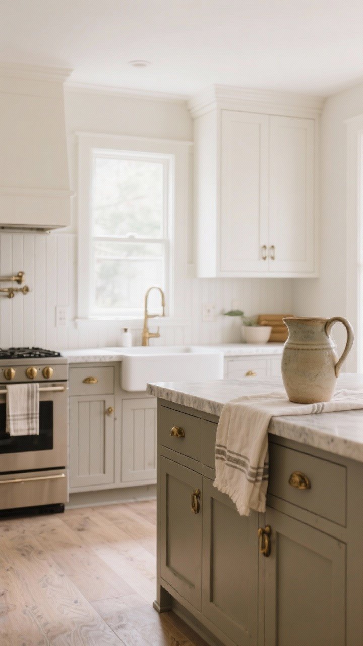 Wide shot: Clean, calm kitchen with warm greige lower cabinets and soft white uppers, antique brass or brushed nickel hardware, beadboard panel detail on a small island, and light neutral stone counters; neutral daylight with attention to flooring undertones, styled with a ceramic pitcher and linen tea towel for subtle warmth.