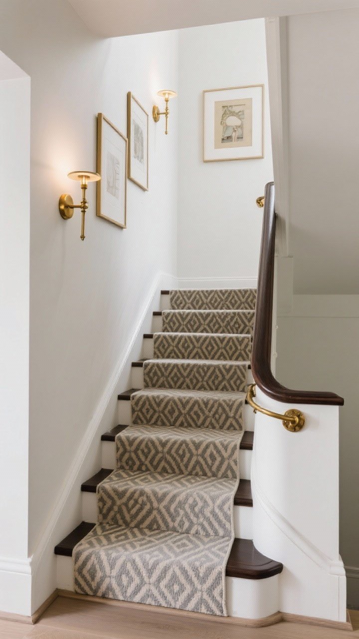 Wide shot: Cohesive staircase scene where a patterned runner (muted geometric) harmonizes with calmer wall decor. Brass-finished stair rail hardware matches nearby brass sconces and frame accents. Light walls contrasted by a dark-stained handrail for definition. Balanced, designed look under even ambient lighting, photorealistic.