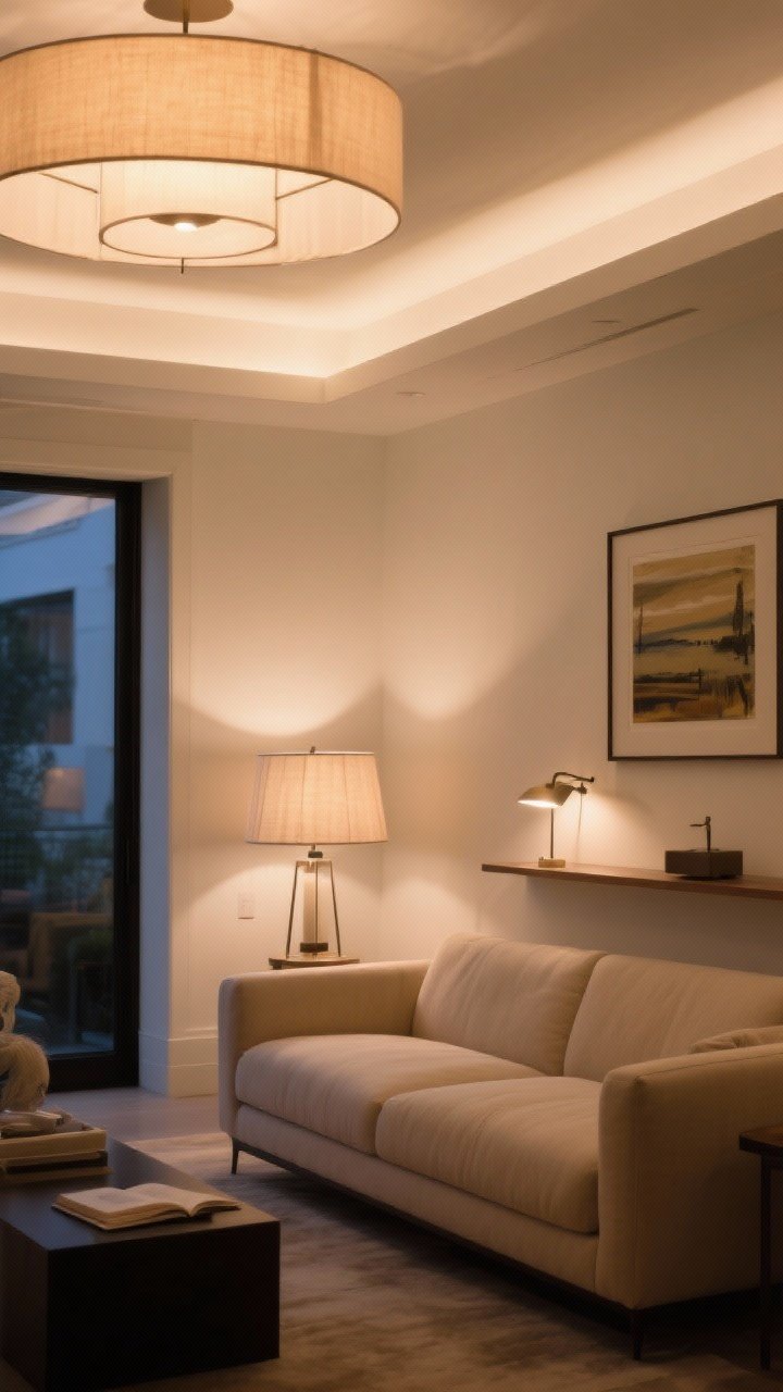 Wide shot demonstrating layered lighting: ambient overhead fixture with warm 2700–3000K glow, a task reading lamp beside the sofa, and accent lighting via a picture light above art and a small table lamp on a shelf; fabric shades softening the light; neutral room with ivory walls and beige seating; evening mood with warm, dimensional illumination.