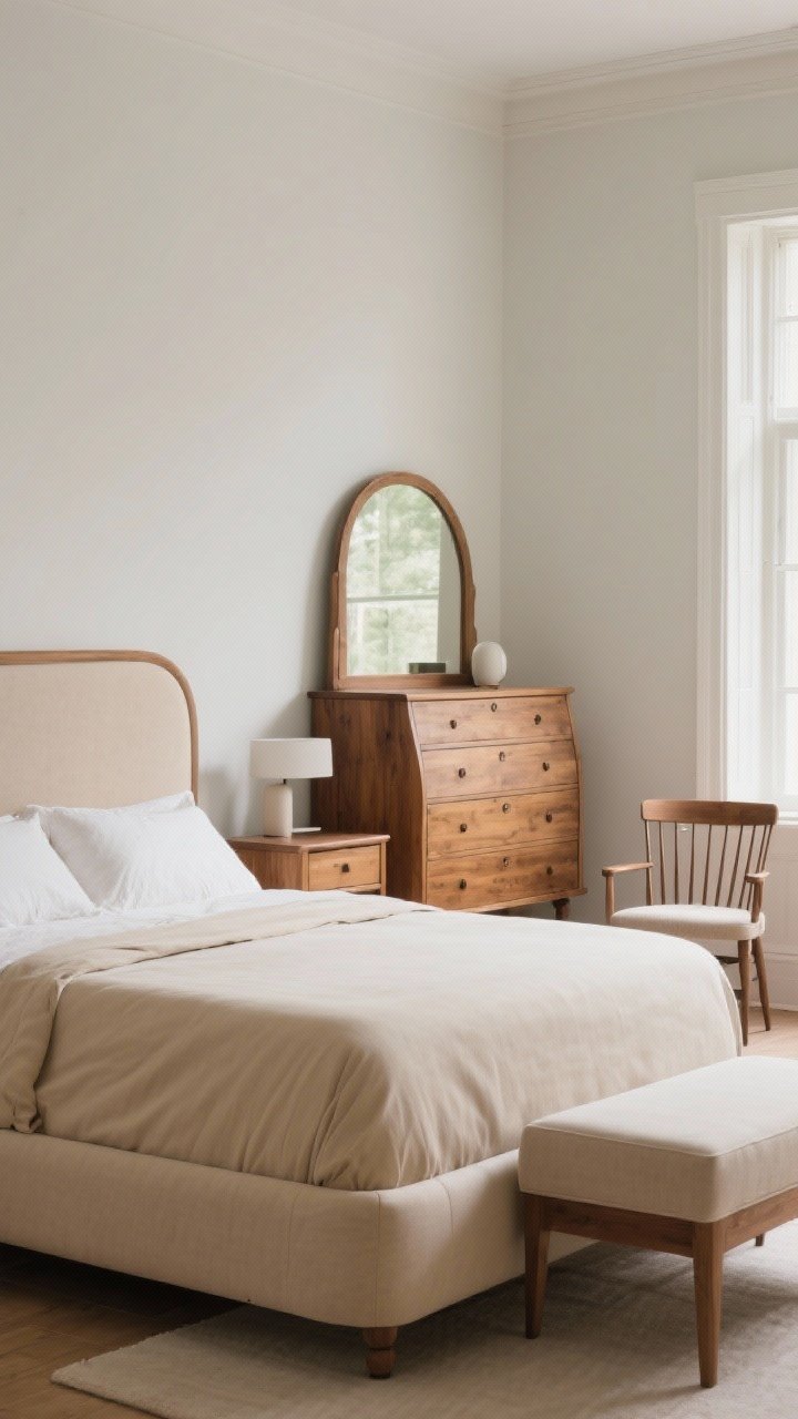 Wide shot demonstrating mixed furniture: a new upholstered bed in soft beige paired with a vintage wood dresser and modern, airier nightstands; repeated wood tone across dresser and frame, curved silhouettes and rounded corners, spindle detail on a chair; balanced visual weight in the room; natural daylight; photorealistic.