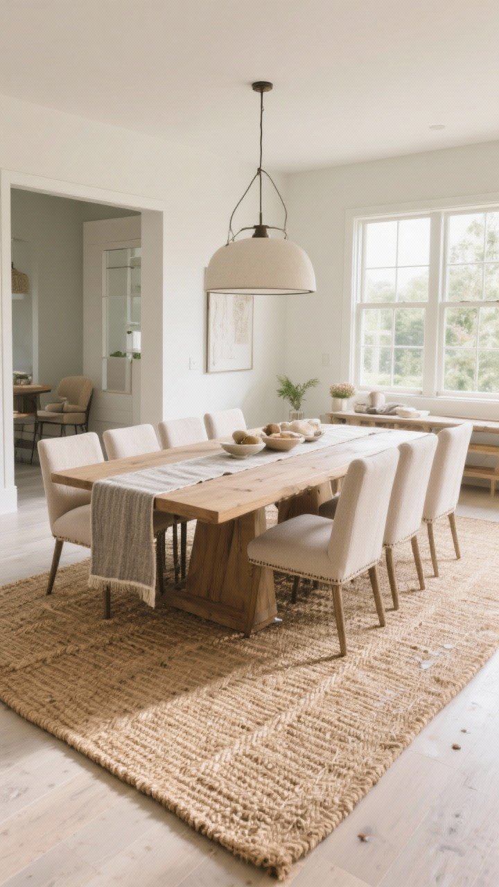 Wide shot: Dining area grounded by a large natural jute rug sized to fit all chairs even when pulled back—9x12 under an 8-person table; subtle pattern in the weave to hide spills, with a rug pad keeping it flat; layered comfort shown with a thin wool-blend runner under the table; soft, even daylight.