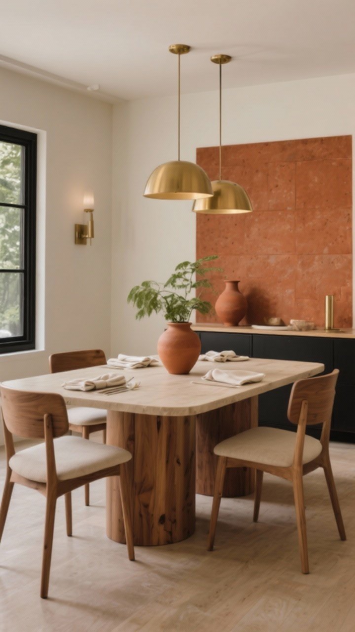 Wide shot: Dining room with a restrained palette—camel, cream, tobacco, and moss as earthy neutrals with one bold accent repeated (e.g., terracotta feature wall plus terracotta vase and napkins); two neutrals + one wood tone as base; consistent metals in brass and black only; warm ambient lighting, photorealistic.