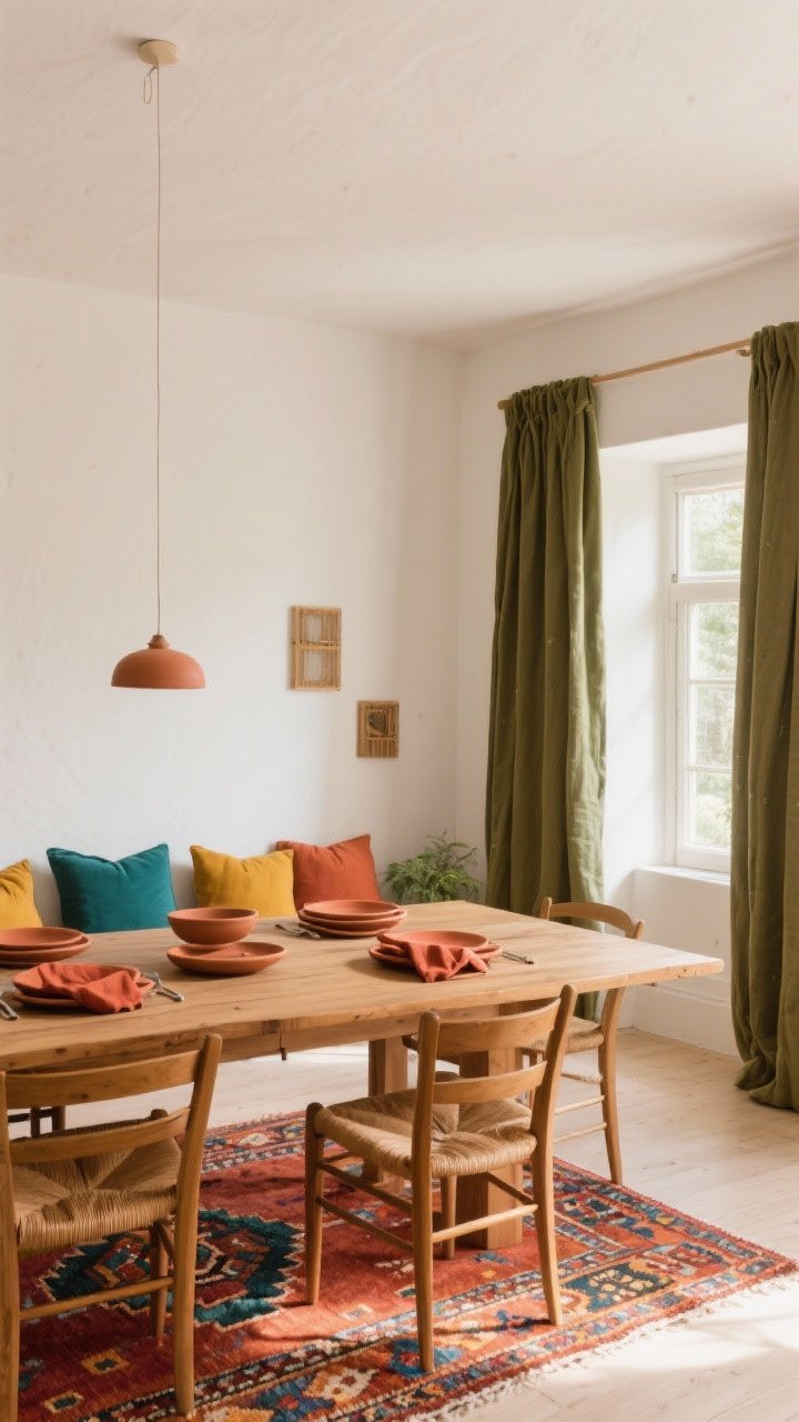 Wide shot: Earthy color palette with pops—warm white walls, solid wood dining table, olive linen curtains, rust-colored napkins on ceramic plates, and a colorful kilim rug adding pattern. Accents in terracotta, teal, and mustard via cushions on chairs. Soft afternoon light to enhance warm wood and cream tones.