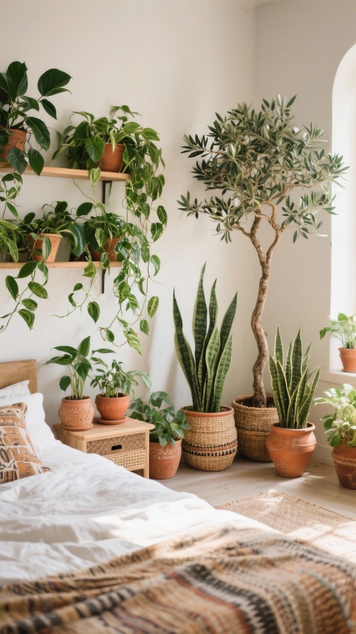 Wide shot emphasizing abundant plants in a boho bedroom: groupings of pothos and philodendron trailing from shelves, snake plant and ZZ plant in corners, and a sculptural olive tree or ficus for height; mix of terracotta, ceramic, and woven planters; plants grouped in threes; soft filtered daylight making leaves glow; photorealistic.