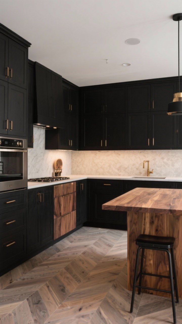 Wide shot emphasizing finishes and floors: A cohesive black-and-wood kitchen with matte/satin black cabinets and semi-matte wood fronts highlighting grain, honed countertops, and a medium-toned walnut or greige oak floor in light herringbone; mixed metals on hardware (black with brushed brass and antique bronze), fingerprint-resistant black cabinet surfaces, and a butcher block sealed to a soft sheen; warm, even lighting, photorealistic, no people.
