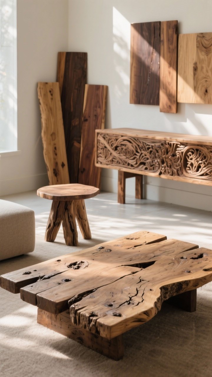 Wide shot emphasizing natural woods with visible grain: a reclaimed plank coffee table with knots and cracks, a live-edge side table, and a carved wood console in the background; mixed wood tones (walnut, oak, teak) for a collected feel; matte finish surfaces, sun-kissed look; neutral room with soft morning light raking across the wood to reveal texture.