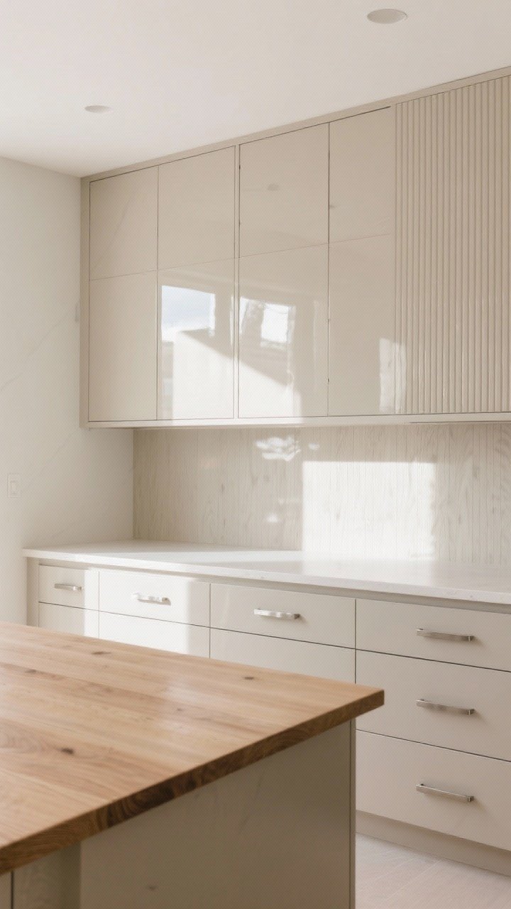 Wide shot emphasizing two textures in one color family: matte putty lowers paired with high-gloss putty uppers in the same hue, plus a slab wood island top for added warmth; fluted wood panel on one bank of uppers contrasted with smooth drawers below; consistent hardware in brushed nickel to unify textures; clean contemporary styling, photoreal reflections on glossy uppers, even daylight with subtle highlights.