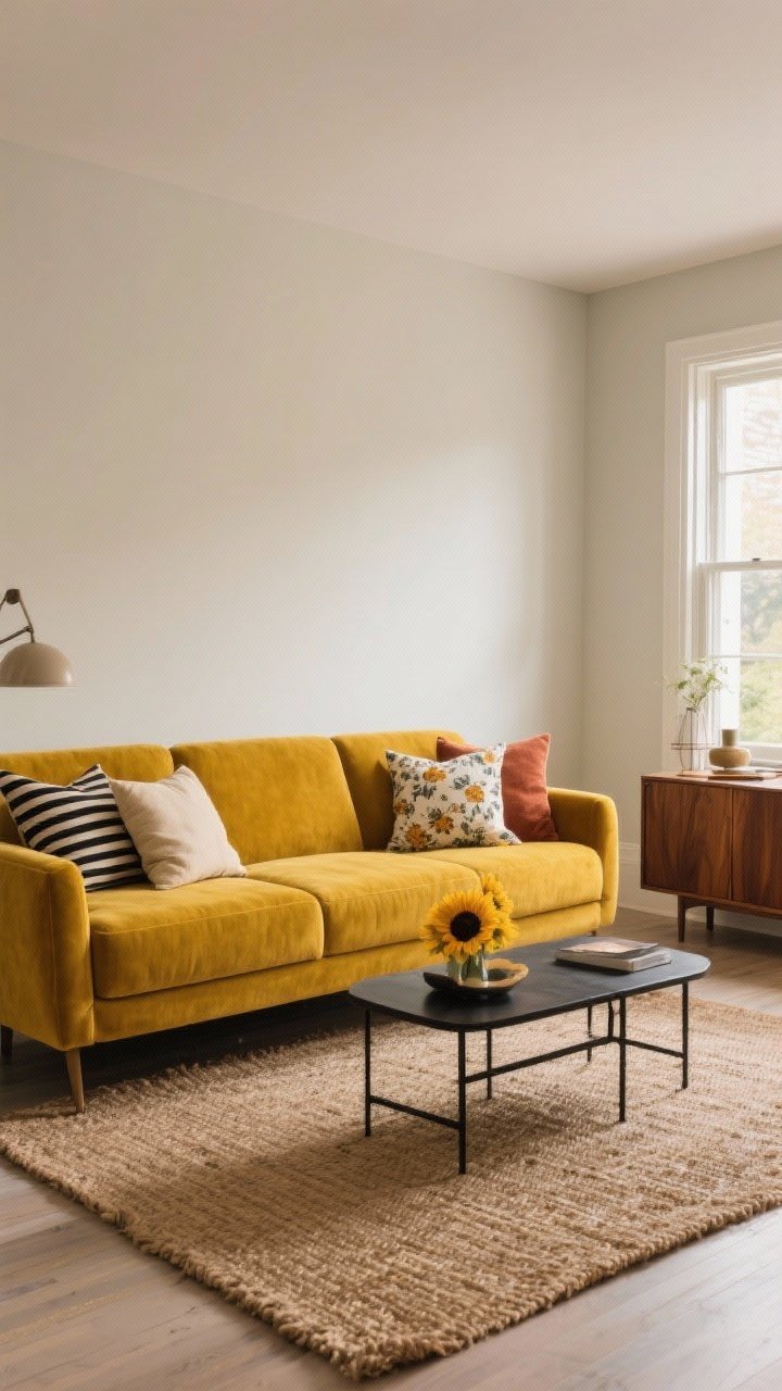 Wide shot featuring a statement yellow sofa as the hero: choose mustard velvet (luxe), sunflower linen (casual), or marigold tweed (retro). Ground it with a jute rug, a black metal coffee table, and a walnut sideboard. Style with mixed pillows: stripes, micro florals, and solids in cream, charcoal, and rust. Neutral walls, photorealistic daylight from side windows.