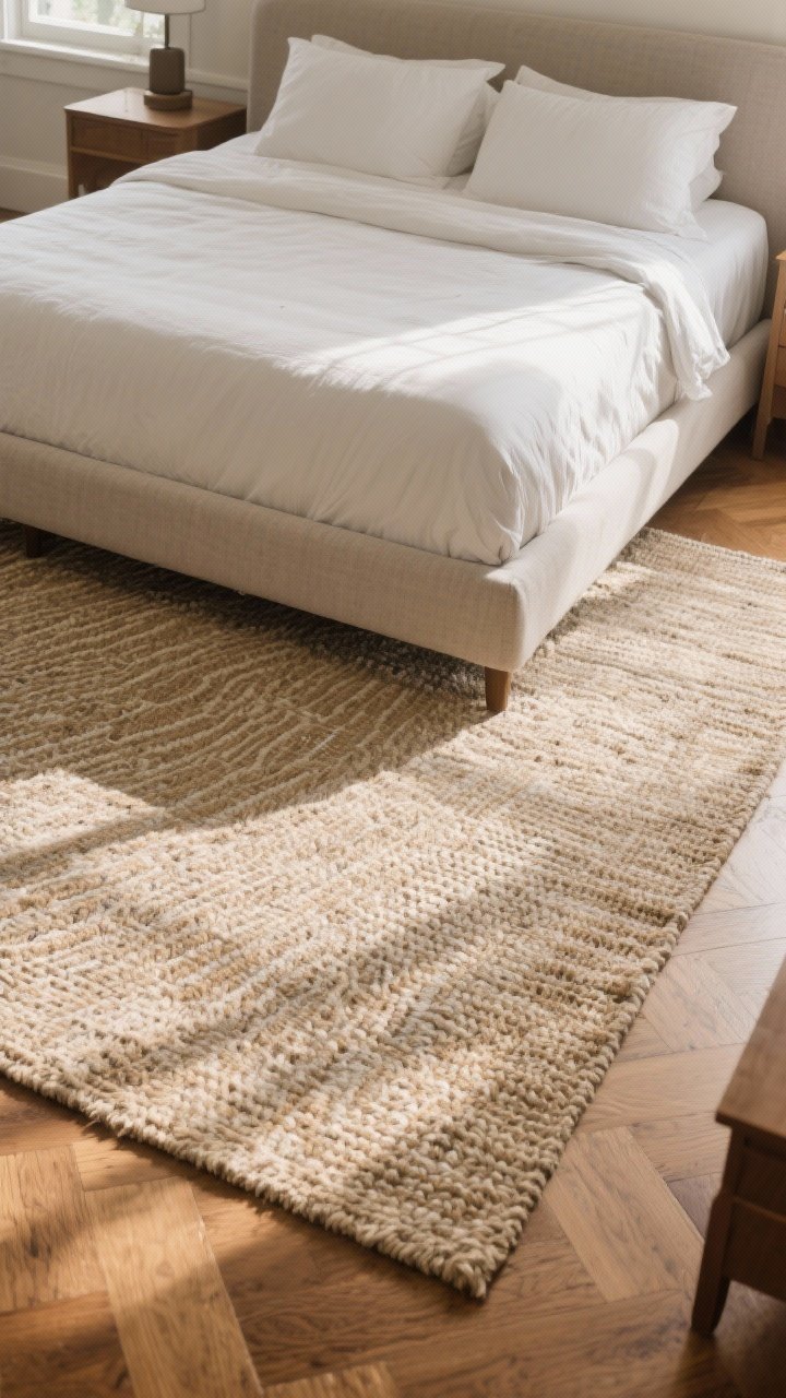 Wide shot focused on anchoring rug under the bed: a king bed over a 9x12 neutral, textured wool-jute blend rug with subtle, tonal pattern; warm wood floors; the rug extends generously around the bed for cozy coverage; soft afternoon light across the floor, emphasizing the rug’s weave and the room’s warmth; optional flatwoven layer hinted at underfoot for dimension.