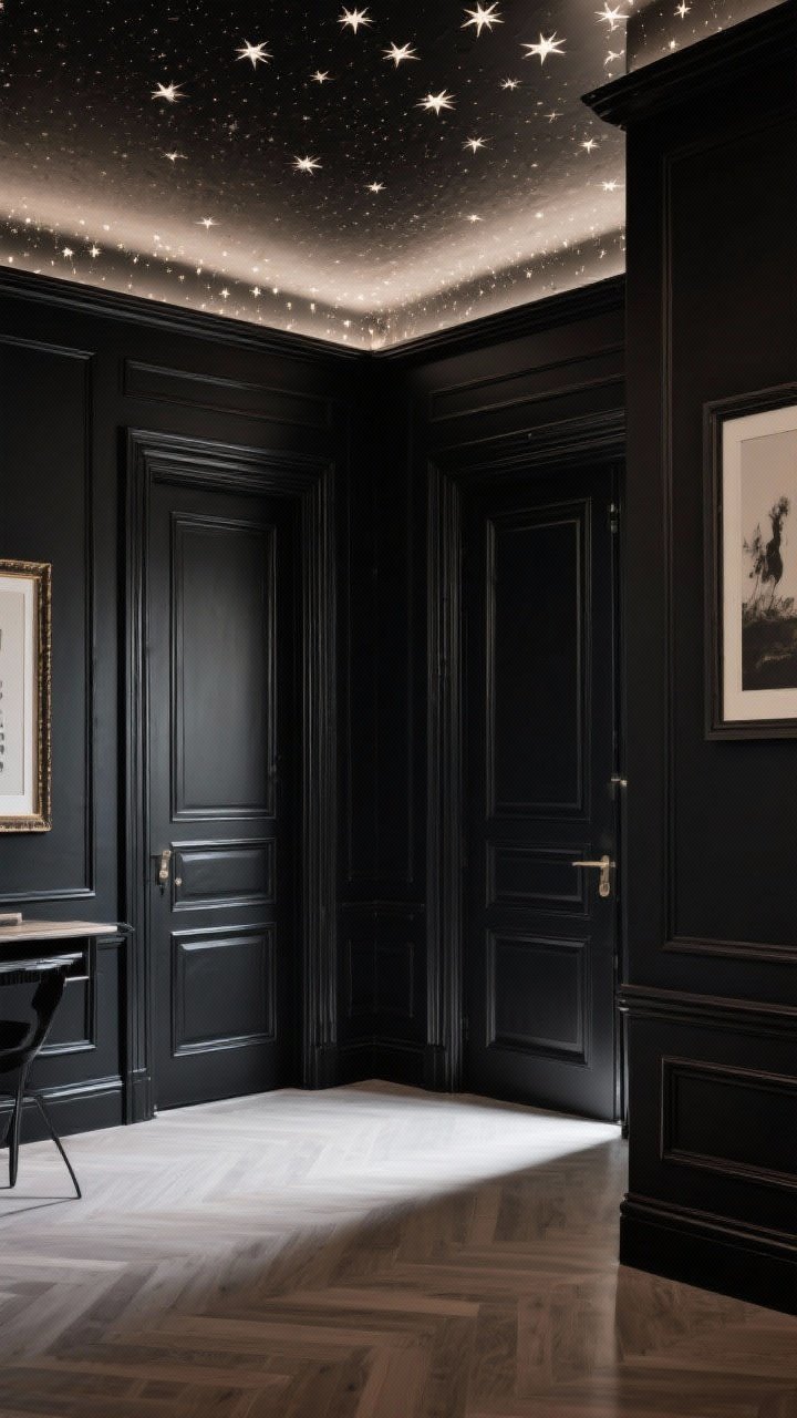 Wide shot focusing on architectural drama: satin black painted doors and trim matching dark walls; picture frame molding painted the same color adds tailored depth; the ceiling features subtle textured or starry-pattern wallpaper as a surprise element; low, indirect lighting enhances contours and shadows.