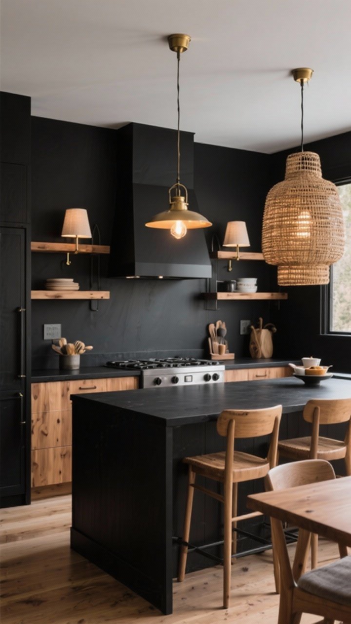 Wide shot focusing on lighting: A black-and-wood kitchen with brushed brass pendant lights over a matte black island, matte black sconces with warm linen shades flanking open wood shelves, and an oversized woven pendant over a breakfast nook; use warm 2700–3000K bulbs to cast a cozy glow on the wood and soften the black.
