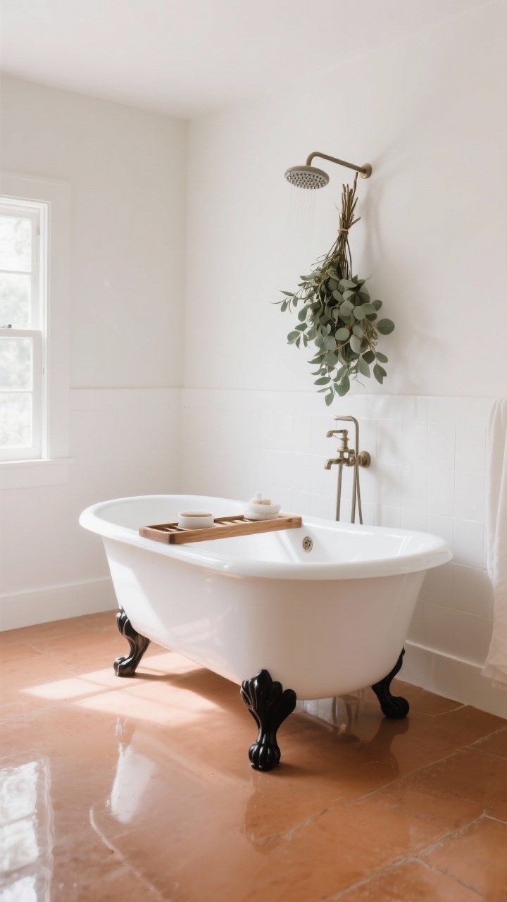 Wide shot: Freestanding clawfoot tub as the star, white enamel with black feet, a wood bath caddy across the rim, and a eucalyptus bundle draped from the showerhead; light terracotta floor tones and soft white walls. Spa-like mood, natural daylight, serene reflections.