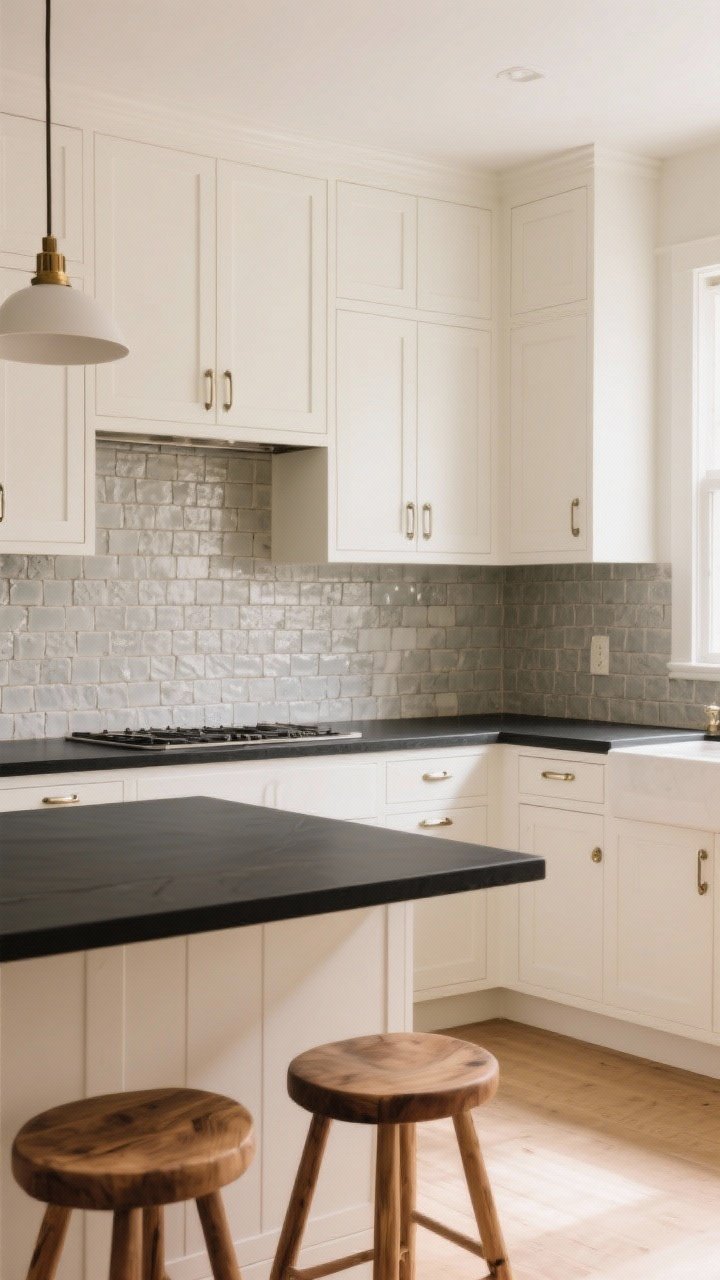 Wide shot: Fresh take on black countertops with white cabinets—cabinets painted a soft, warm white, a handmade tile backsplash adding subtle texture, light gray grout to avoid a grid look, and brushed nickel or aged brass hardware; natural wood stools soften the contrast; bright but warm lighting; photorealistic.