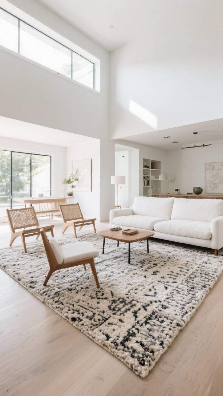 Wide shot from a corner angle: An open-plan living area with the white couch zoned by a large textured rug; front legs of the sofa on the rug, 18 inches between coffee table and couch; two accent chairs angled toward the sofa to encourage conversation; patterned rug grounds the space and hides wear; bright, even daylight.