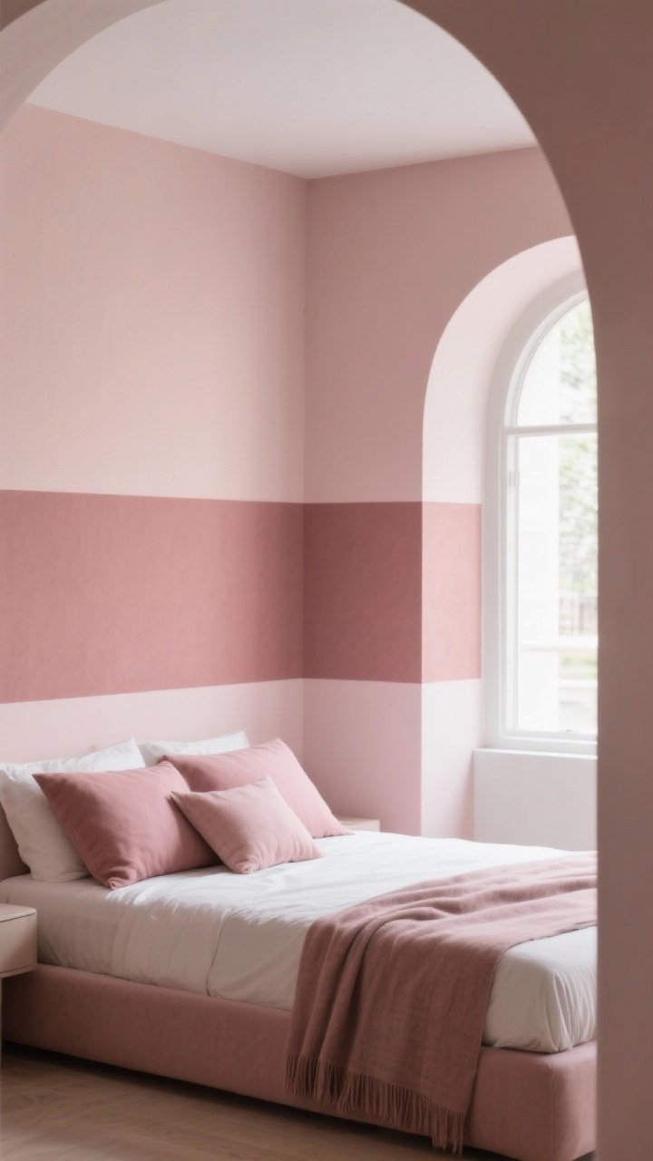 Wide shot from a corner angle: Color-blocked walls define zones—a wide horizontal band in muted dusty rose at two-thirds height wraps the room, with a soft arch of the same hue over the bed. The hue repeats in pillows and a throw; overall palette subdued, even daylight, calm and cohesive.