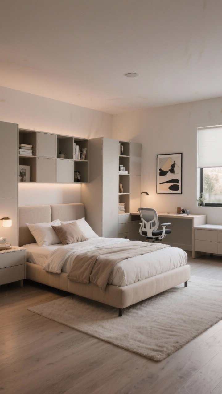Wide shot: Future-proofed teen-to-young-adult bedroom—full or queen bed with neutral upholstered frame, modular storage units that can reconfigure, a quality ergonomic chair at a simple desk, and neutral furniture accented by easily swappable pillows, art, and lighting. Show a calm, cohesive palette, ample floor space, and soft evening lighting for longevity.