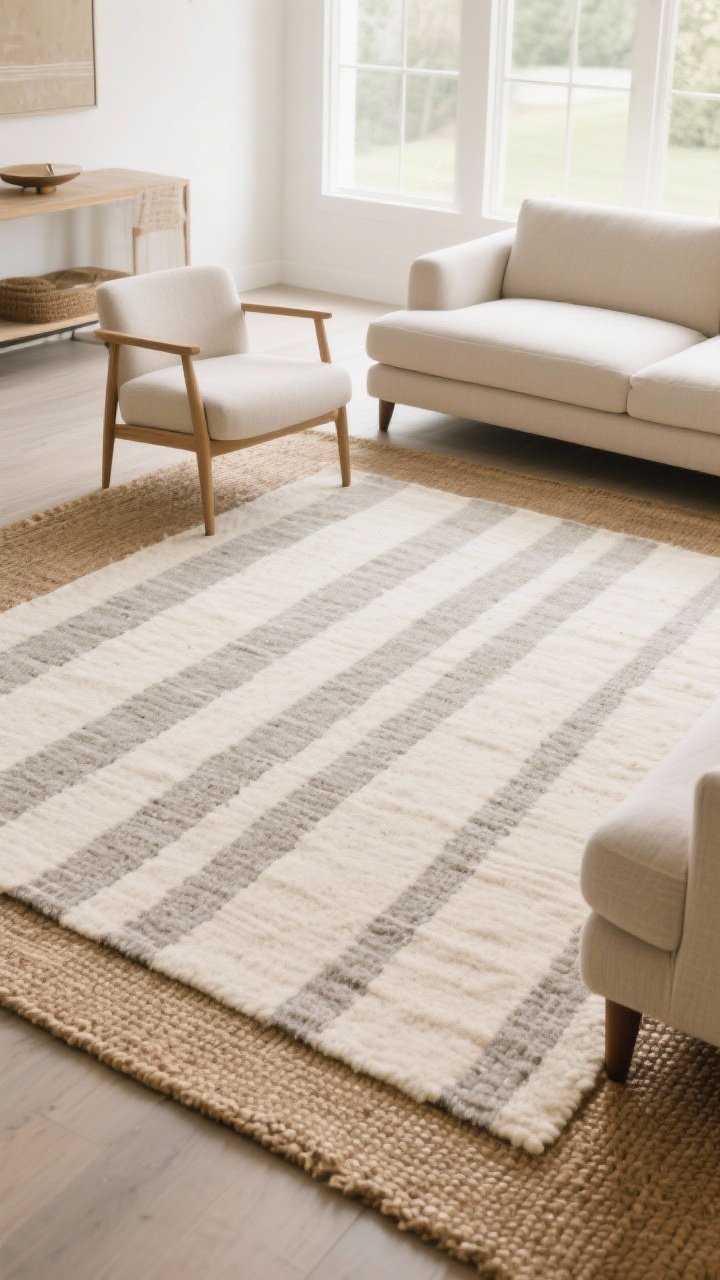 Wide shot grounding the room with a statement rug: a large jute base rug covering most of the seating area with a wool rug layered on top in bone or oatmeal, subtle greige stripes. Front legs of sofa and chairs placed on the rug. Neutral seating, soft natural light, emphasizing texture and scale.