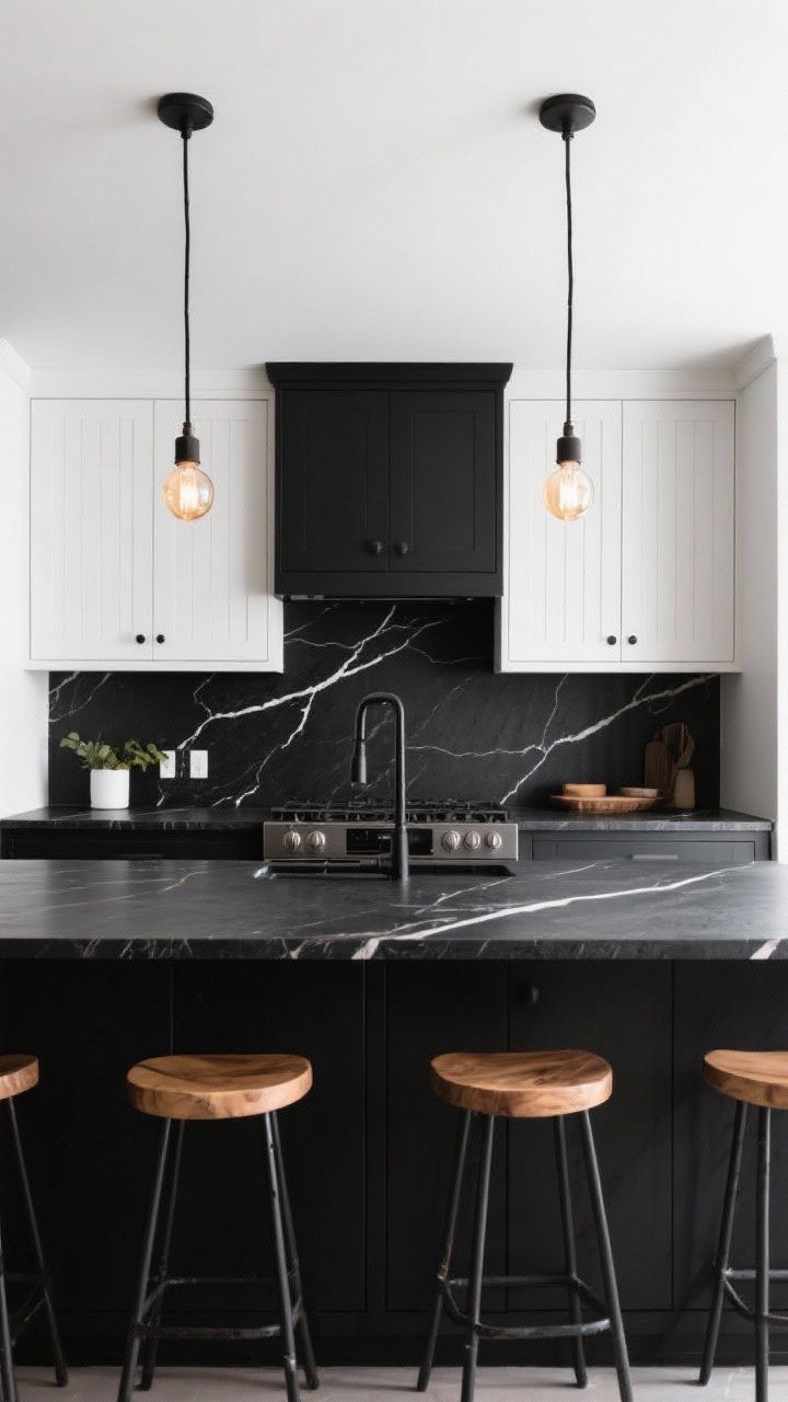 Wide shot: High-contrast black-and-white kitchen with matte black lower cabinets and textured white uppers in shiplap or beadboard doors, a black stone slab countertop with white veining, warm bulb pendant lighting, and wood accents on stools; straight-on symmetrical view for bold, modern impact.